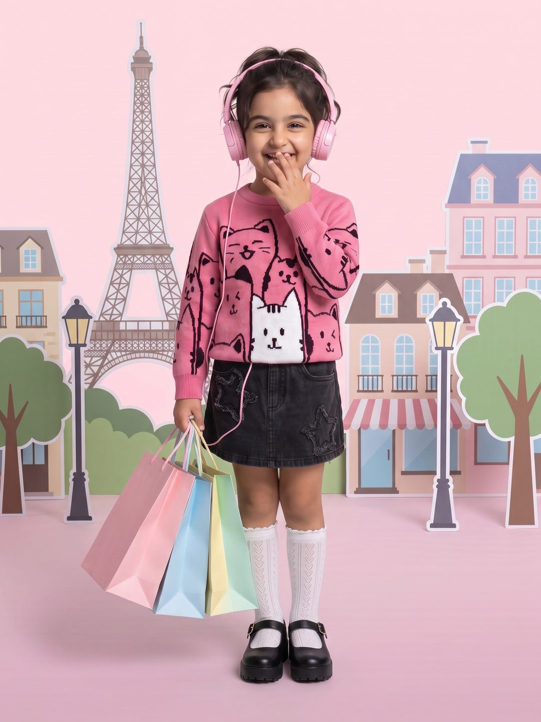Nautinati Girls Relaxed Fit Pink Cats Round Neck Full Sleeves Sweater