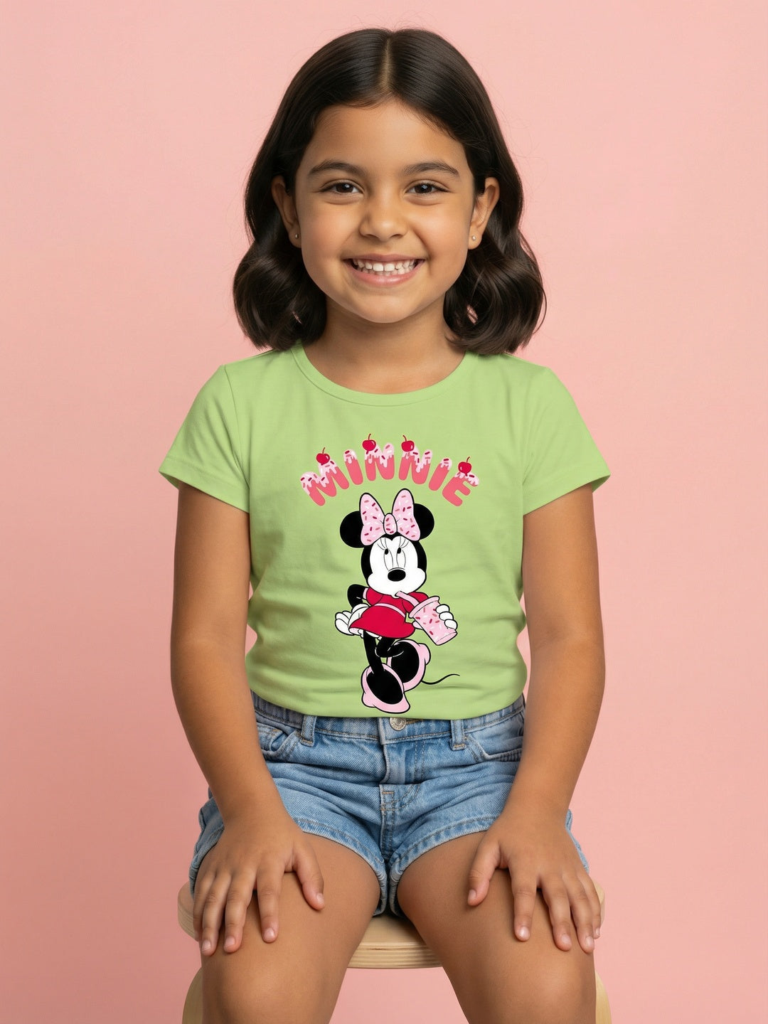 Nautinati Girls' 100% Cotton Crew Neck Disney Minnie Mouse Cupcake Placement Print T-shirt