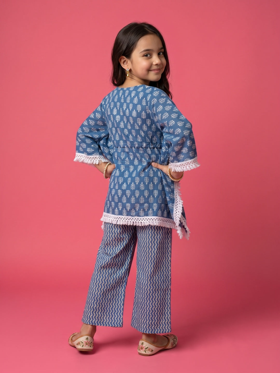 Nautinati Girl's Block Printed Blue Kaftaan Ethnic Set