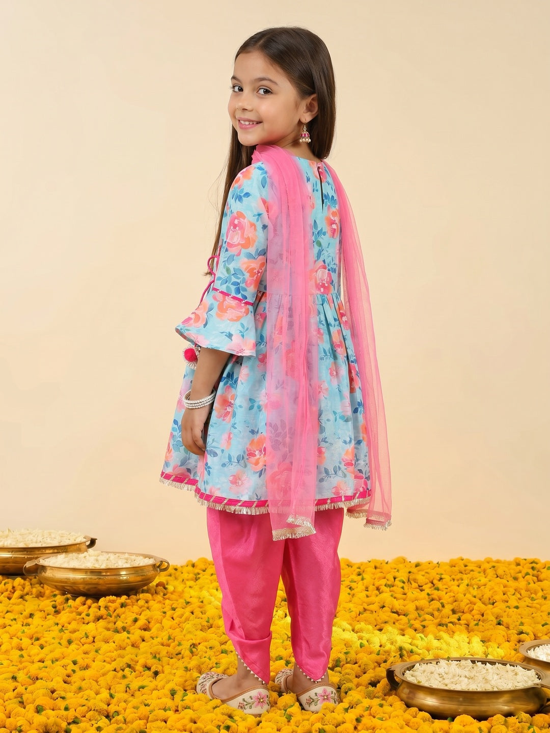 Nautinati Girls' Printed Chanderi Kurta Set with Dupatta