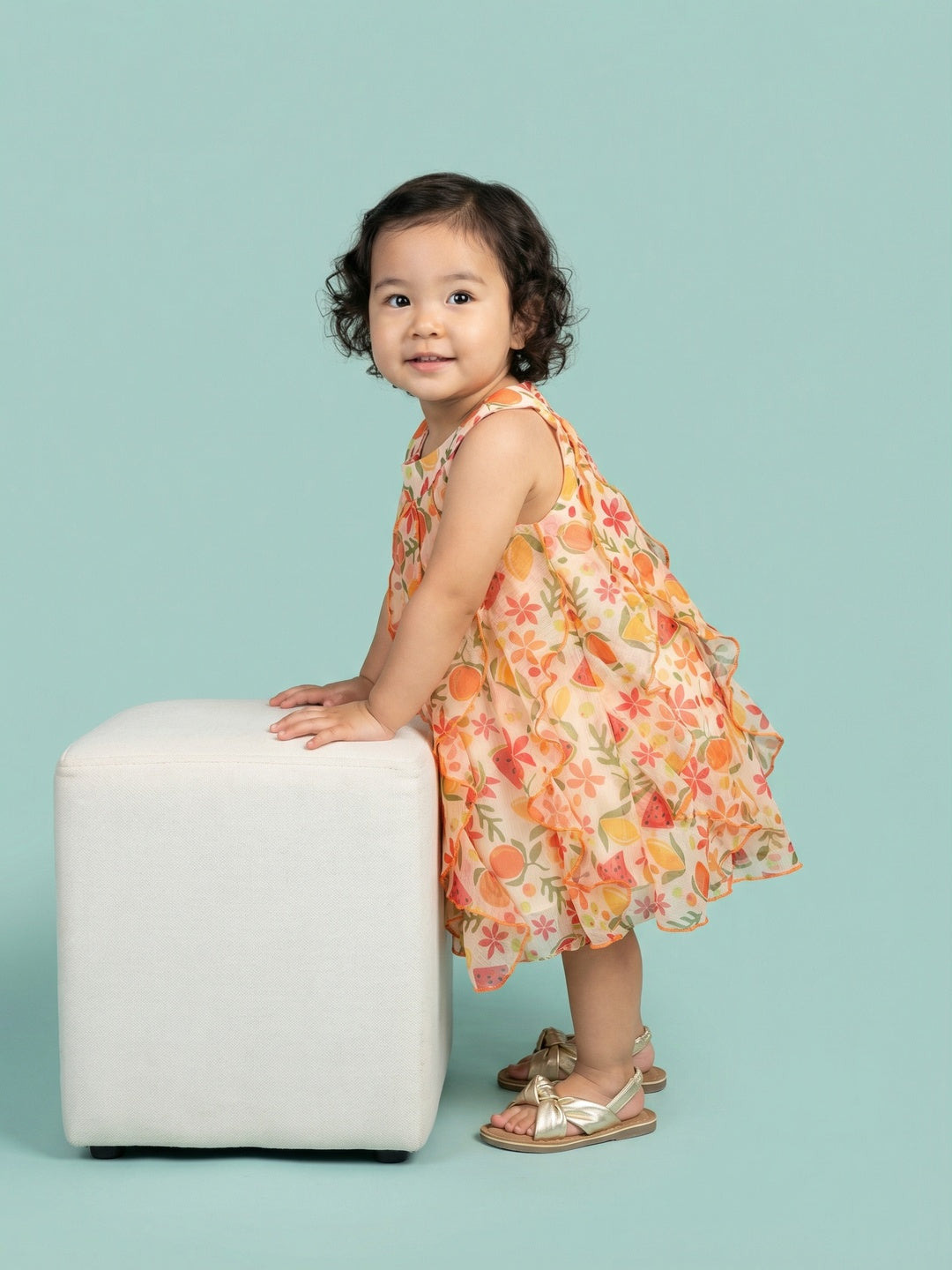 Nautinati Baby Girls' A-line Strappy Ruffle Dress with Multicolour All-over Tropical Fruits like Watermelon, Orange, Lemon Print & 3D Embelishments