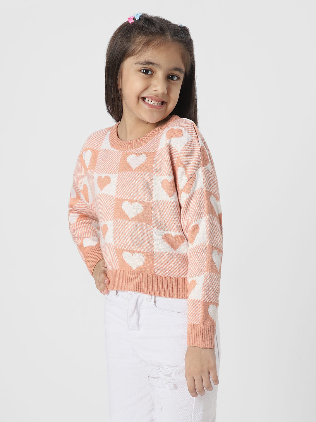 Girls Pink Self Design Acrylic Pullover Sweater