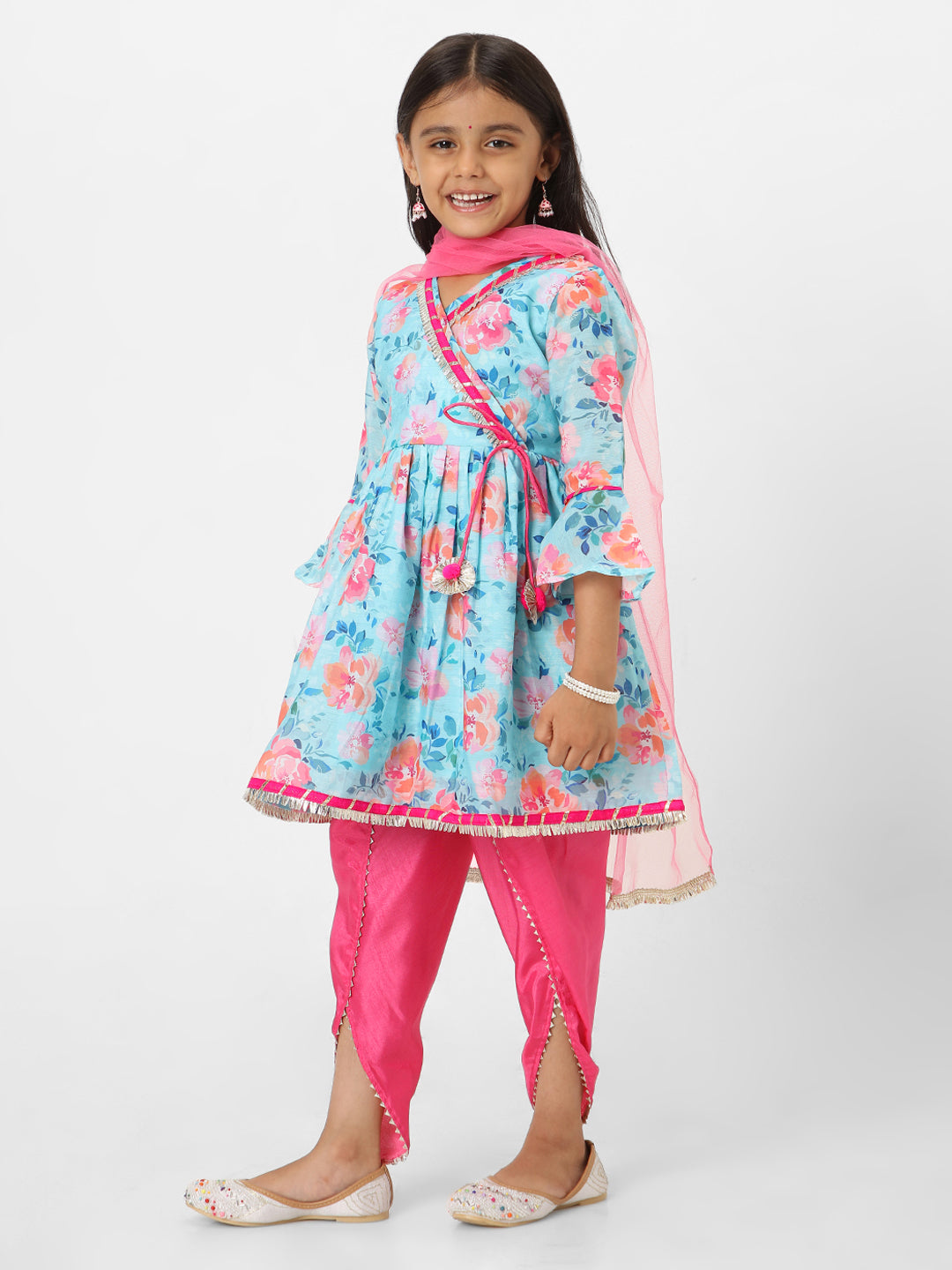 Nautinati Girls' Printed Chanderi Kurta Set with Dupatta