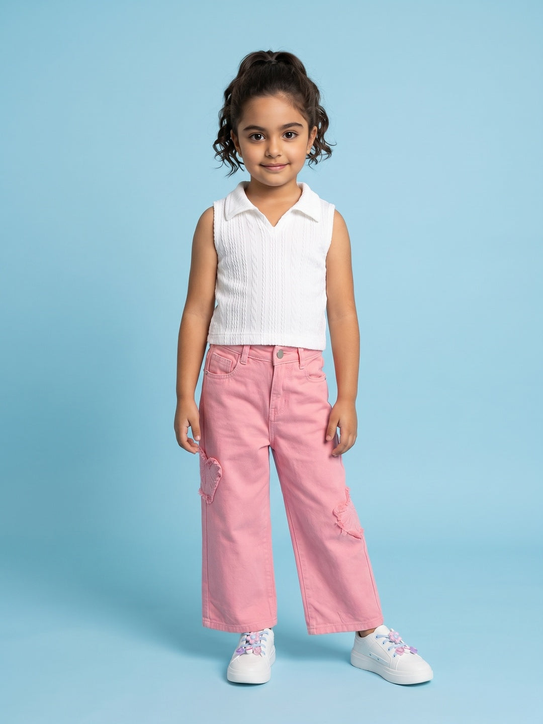 Nautinati Girls' 100% Cotton Wide-leg Cargo Jeans with Embroidered Butterfly Details