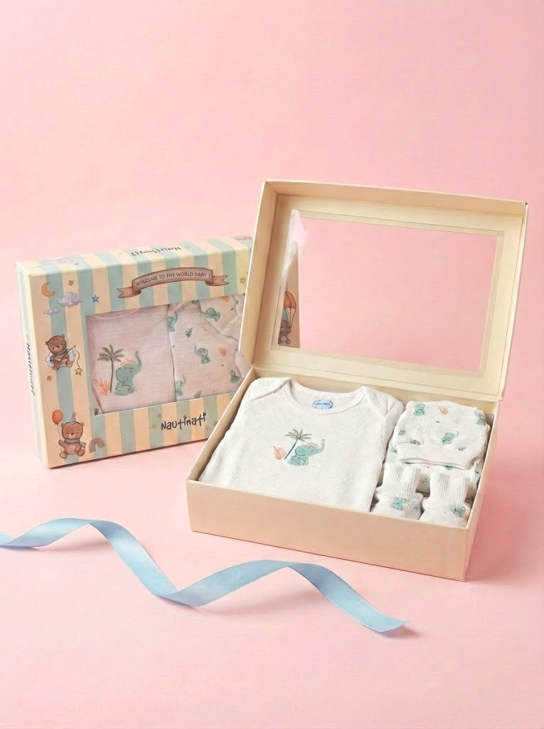 Nautinati Baby Boys' 100% Cotton White Graphic Printed 5-pieces Gift Set