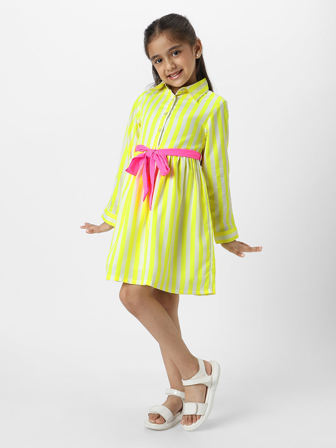 Nautinati Girls Yellow Striped Full Sleeves Collar Neck Casual Wear Knee Length Dress