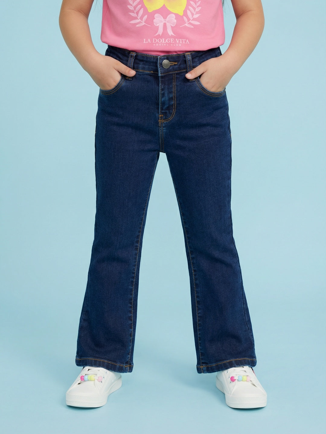 Nautinati  Girls' 100% Cotton Stretchable Bootcut  Dark Wash Essentials Jeans