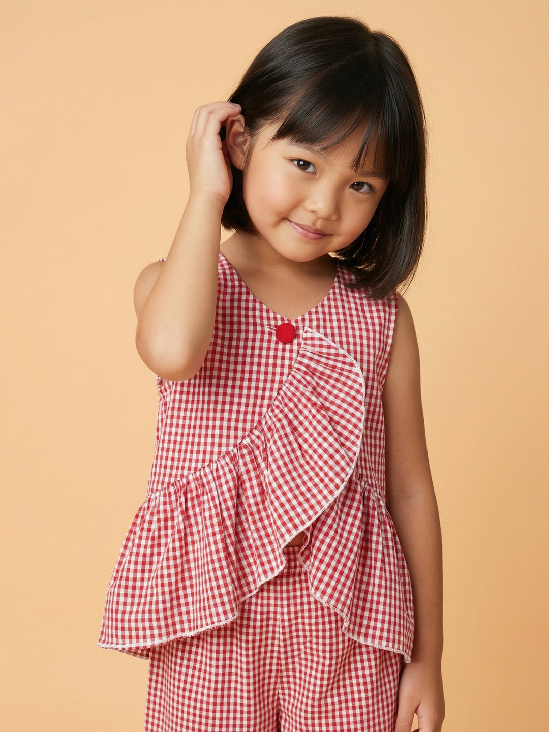 Nautinati Girls' Cotton Chequered Christmas Top and Trousers Co-ord Set