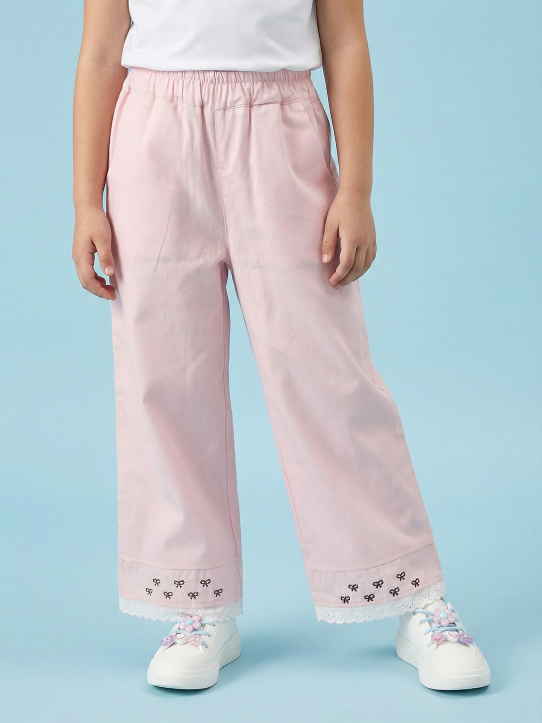 Nautinati Girls' 100% Cotton Straight Fit Twill Woven Trousers with Embroidery & Schiffli Hem
