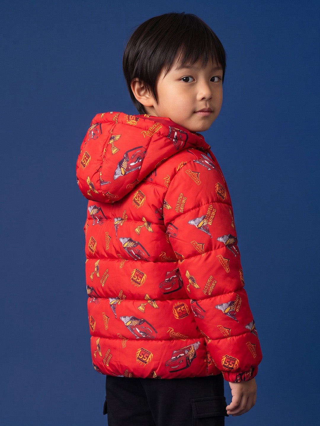 Nautinati Boys Disney Cars Printed Hooded Red Puffer Jacket with Detachable Hood