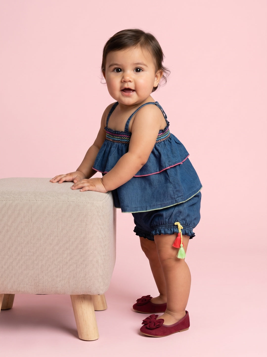 Nautinati  Girls' Denim Hem Embroidered Smocked Strappy Top & Shorts