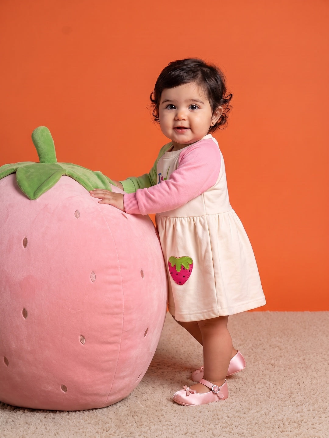 Nautinati Baby Girls Strawberry Sweatshirt Frock with Strawberry Applique Pocket