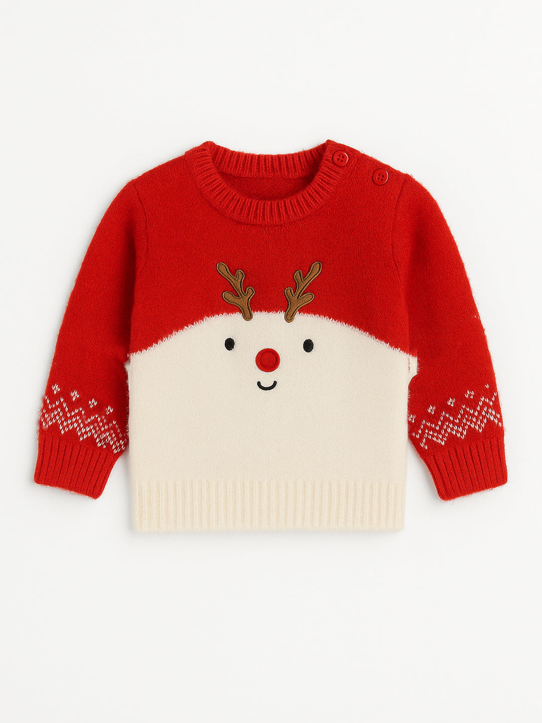 Nautinati Reindeer Motif Red And Cream Flat-Knit Sweater For Boys