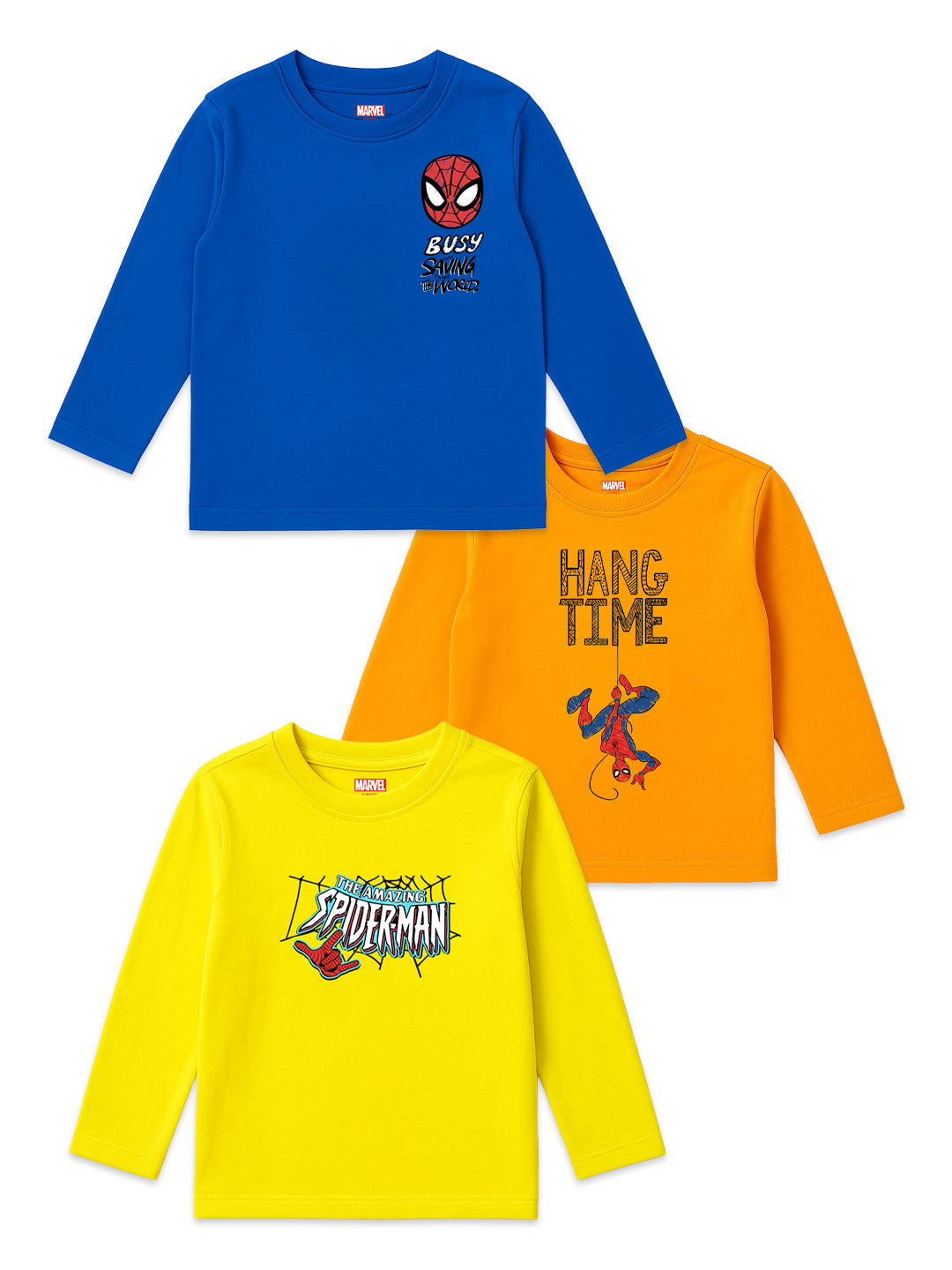 Nautinati Pack Of 3 Orange, Yellow & Blue Cotton Spiderman T-Shirts For Boys