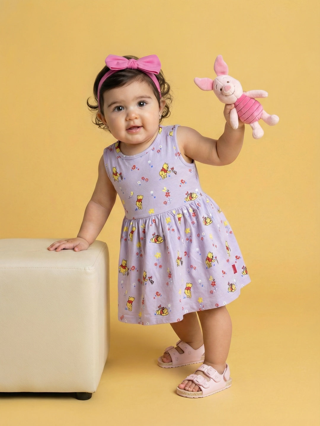 Nautinati Baby Girls' 100% Cotton Pack of 2 Disney Winnie the Pooh All-over & Placement Print Dresses