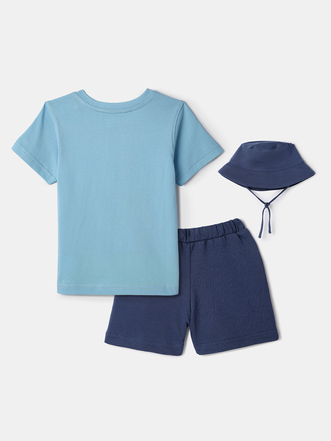 Nautinati Blue Colourblocked and Bear Print  T-shirt and Shorts Set With Bucket Hat for Boys