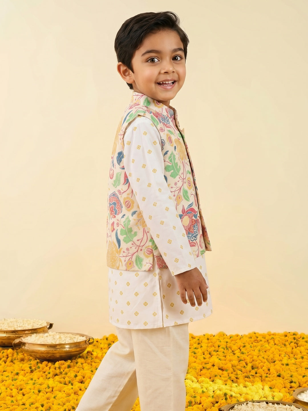 Nautinati Boys' 100% Cotton All-over Floral Print Kurta & Nehru Jacket Set