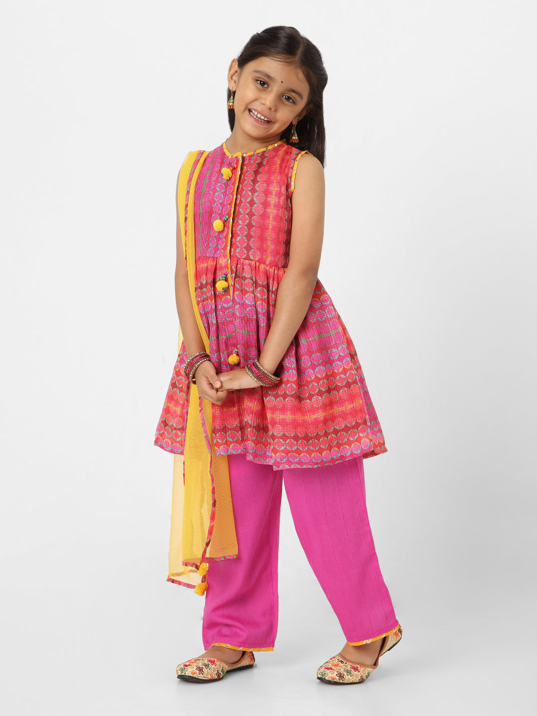 Nautinati Girls' Printed Sleeveless Kurta Set with Dupatta