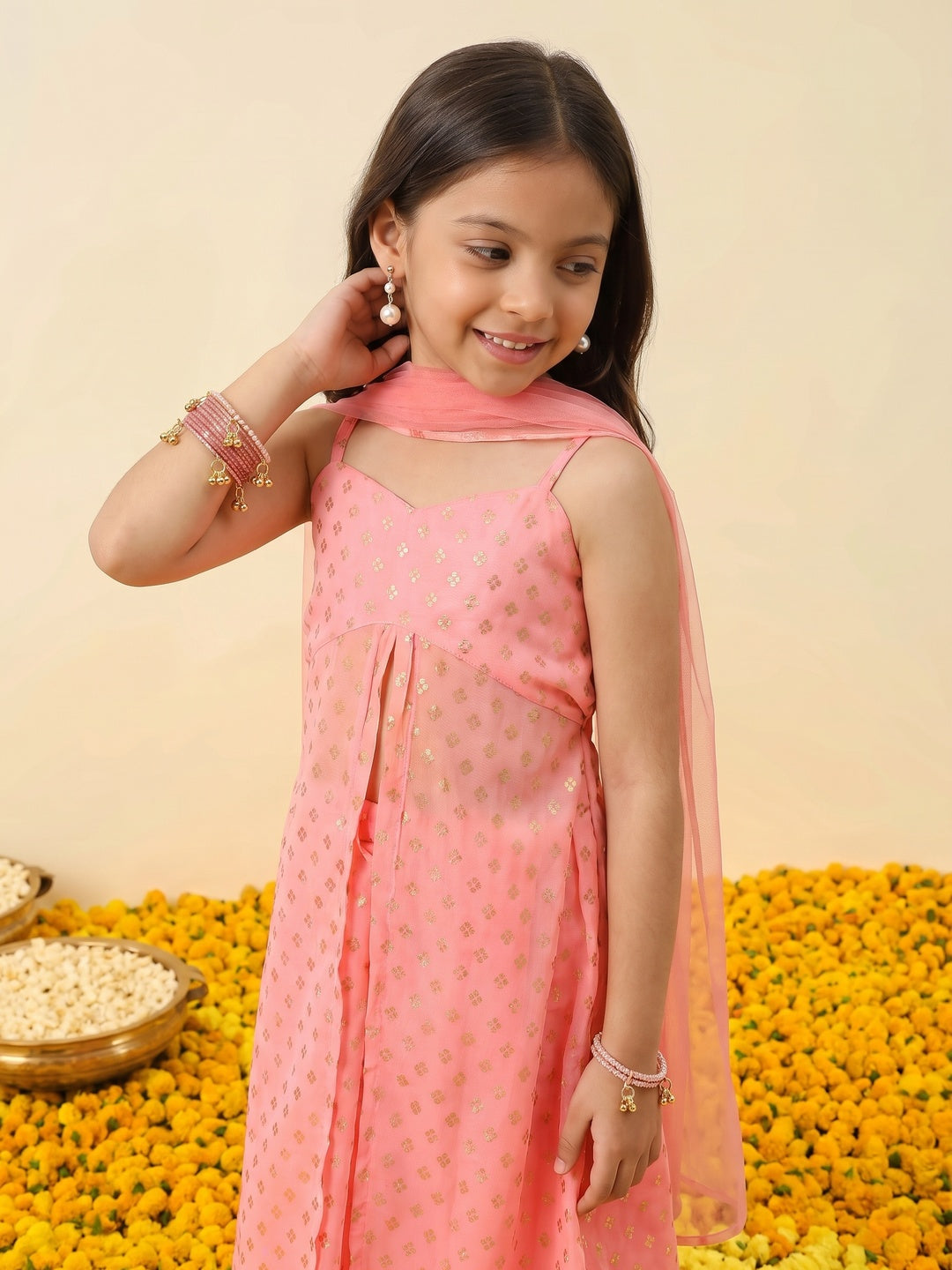 Nautinati Girls' Georgette Blend Ready-to-wear All-over Gold Toned Foil Print Lehenga & Blouse with Net Dupatta