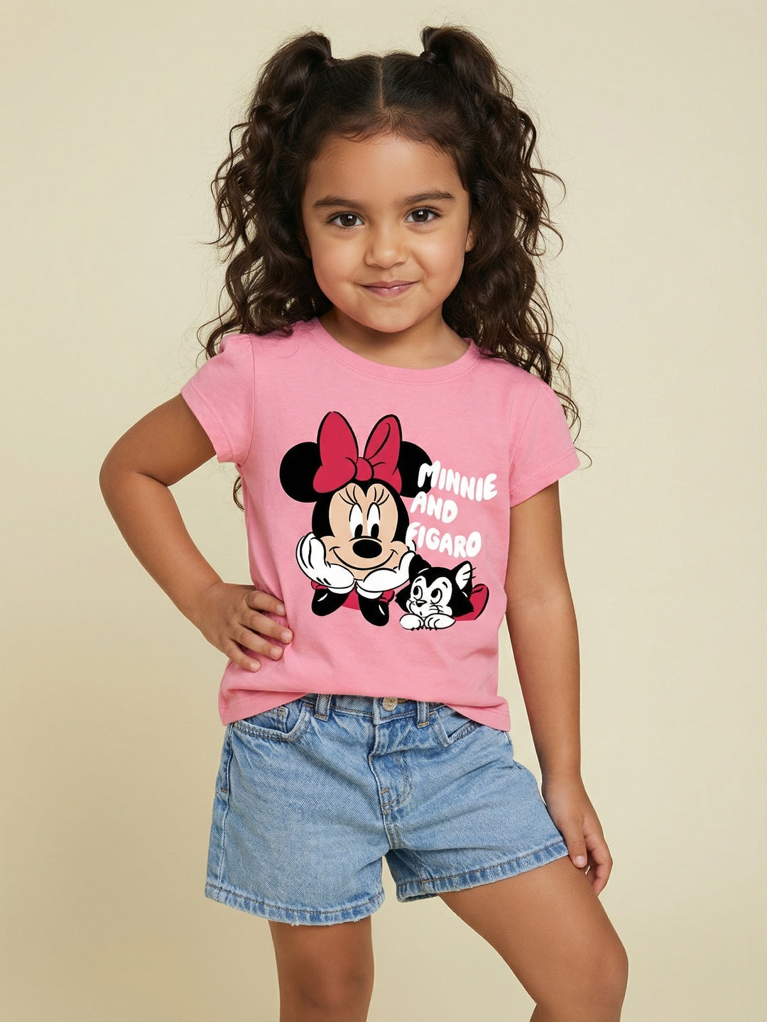 Nautinati Girls' 100% Cotton Crew Neck Disney Minnie Mouse & Figaro Printed T-shirt