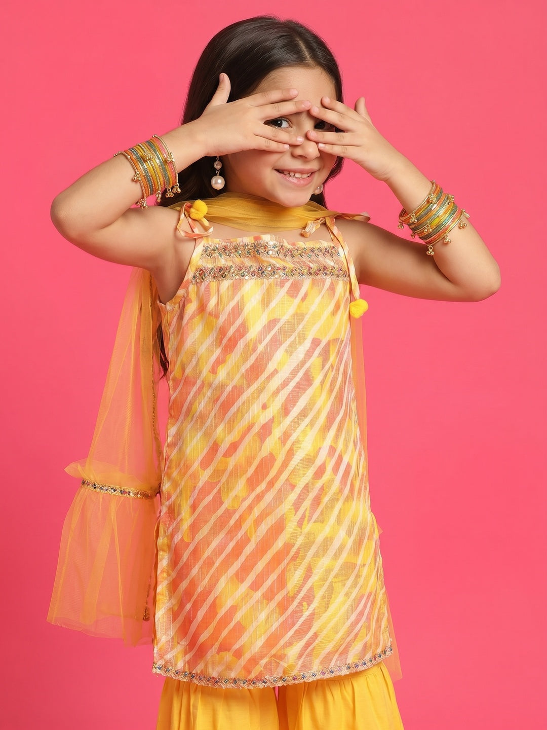Nautinati Girls' Cotton Blend Striped Kurti with Solid Sharara & Net Dupatta Set with Gotta Patti Detail