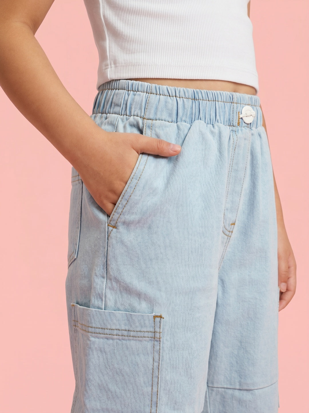 Nautinati Girls' Solid Loose fit Denim Cargo Jeans with Cargo Pockets