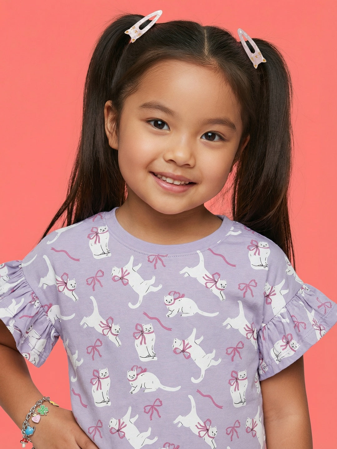 Nautinati Girls All Over Cat Printed Cotton T-shirt and Shorts Co-ord Set