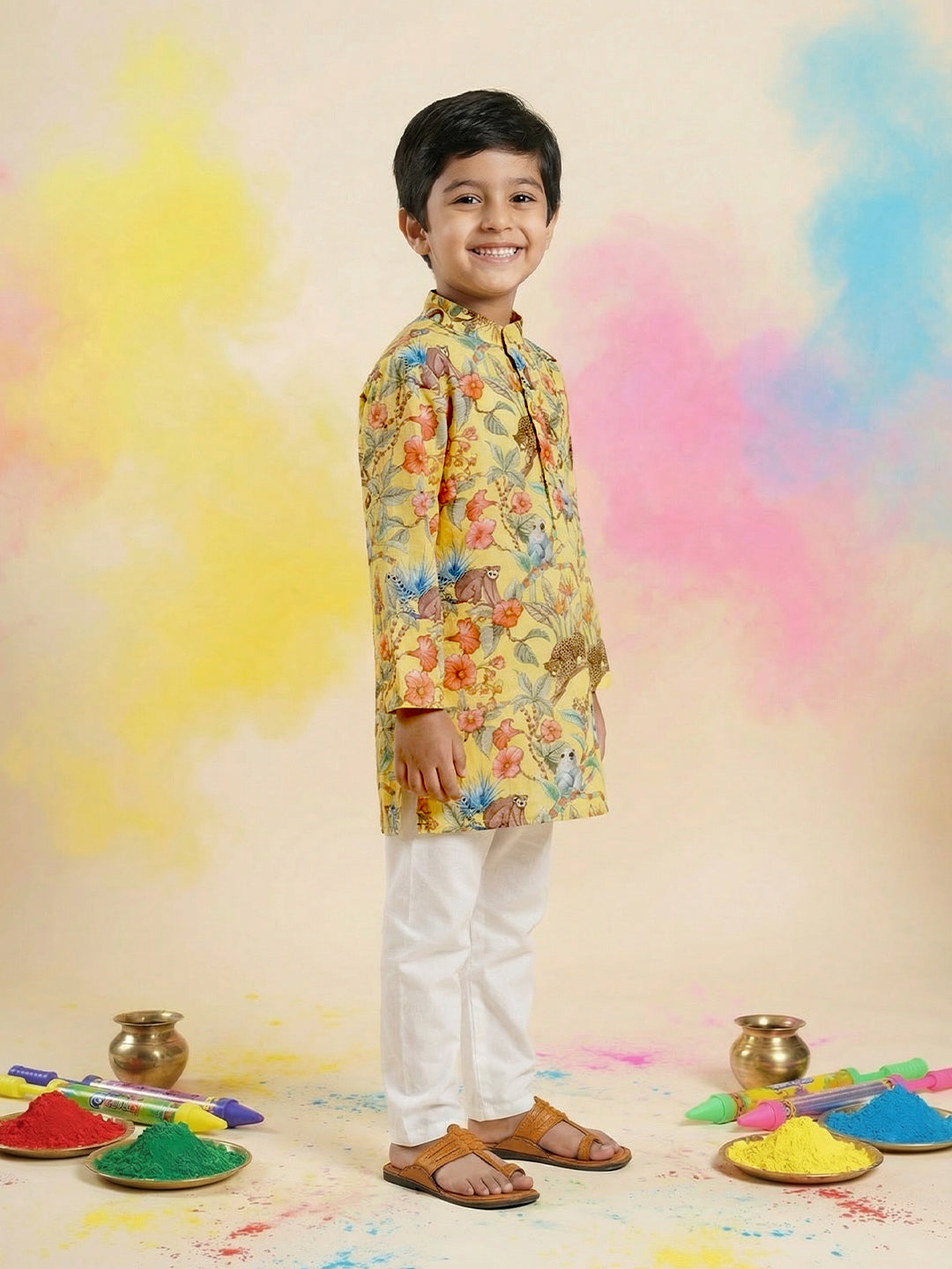 Boys' 100% Cotton Festive Forest-print Resort Style Kurta & Pyjama Set