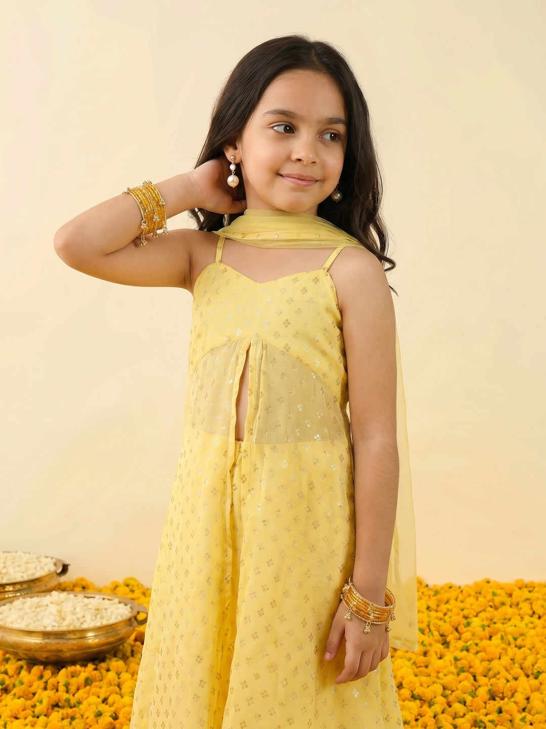 Nautinati Girls' Georgette Blend Ready-to-wear All-over Gold Toned Foil Print Lehenga & Blouse with Net Dupatta