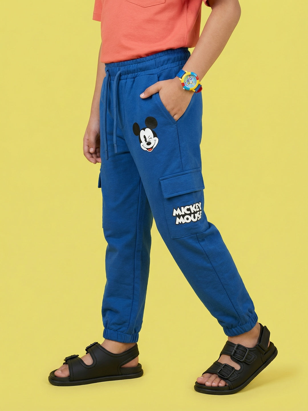 Nautinati Boys' 100% Cotton Stretchable Disney Mickey Mouse Print Cargo Joggers