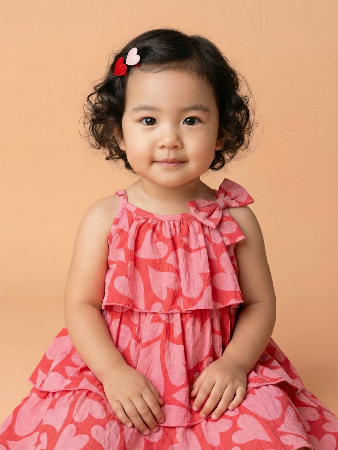 Nautinati Baby Girls All-over Heart Print A-line Strappy Tiered Dress with Bow