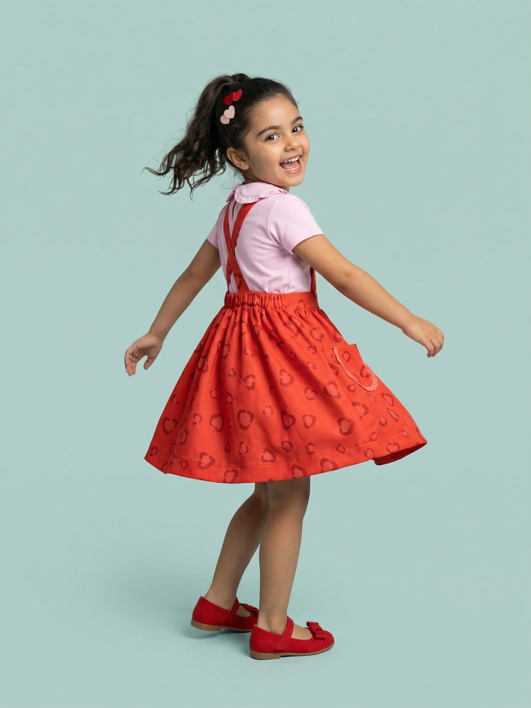 Nautinati Girls Printed Fit and Flare Pinafore Frock with Peter Pan Collar Top Co-ord Set