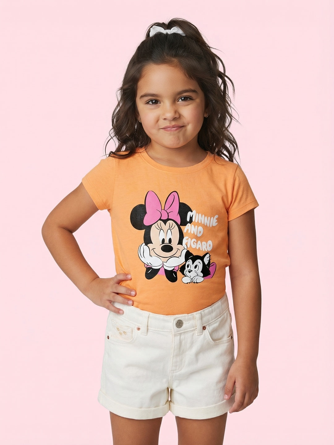 Nautinati Girls' 100% Cotton Crew Neck Disney Minnie Mouse & Figaro Printed T-shirt