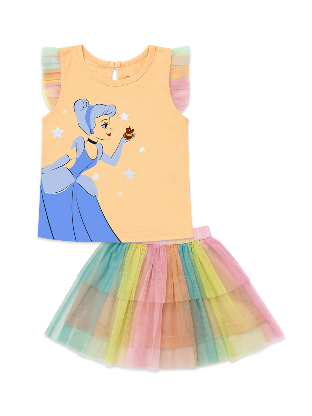 Nautinati Peach Top With Colourful Frilled Skirt For Girls