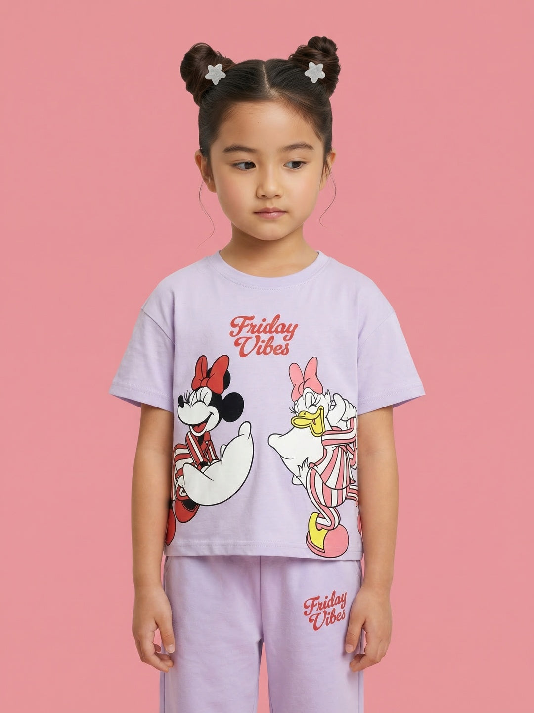 Nautinati Girls' 100% Cotton Disney Minnie Mouse Graphic Printed Night Suit Set