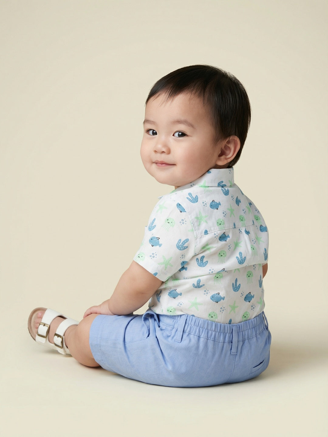 Nautinati Boys' Cotton All-over Sea Animal Printed Shirt and Shorts Co-ord Set