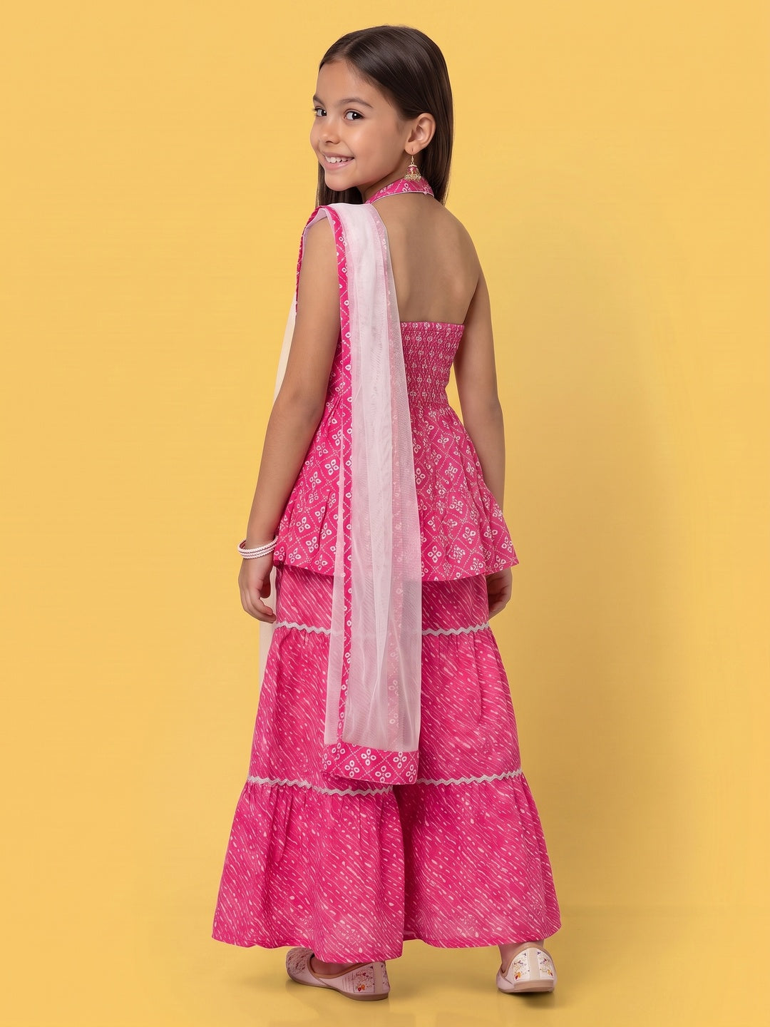 Nautinati Girls' 100% Cotton Sharara Set with Net Dupatta with Empire-style Kurti & Zari Work