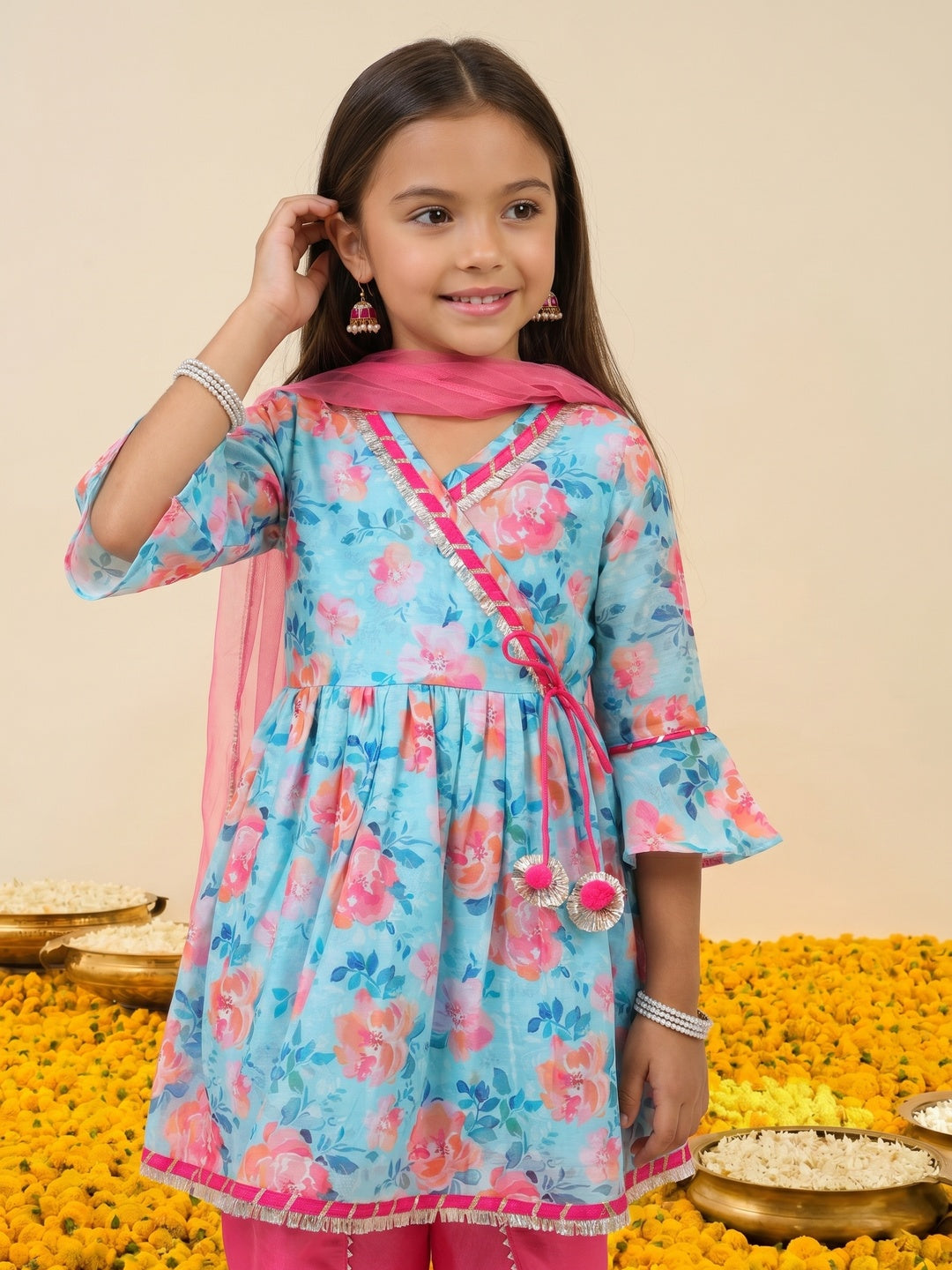 Nautinati Girls' Printed Chanderi Kurta Set with Dupatta