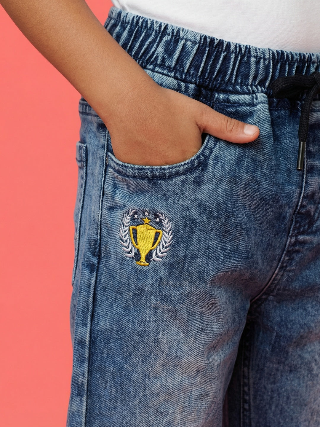 Nautinati Boys' 100% Cotton Stretchable Dark Cloud Wash Embroidered Jogger Jeans