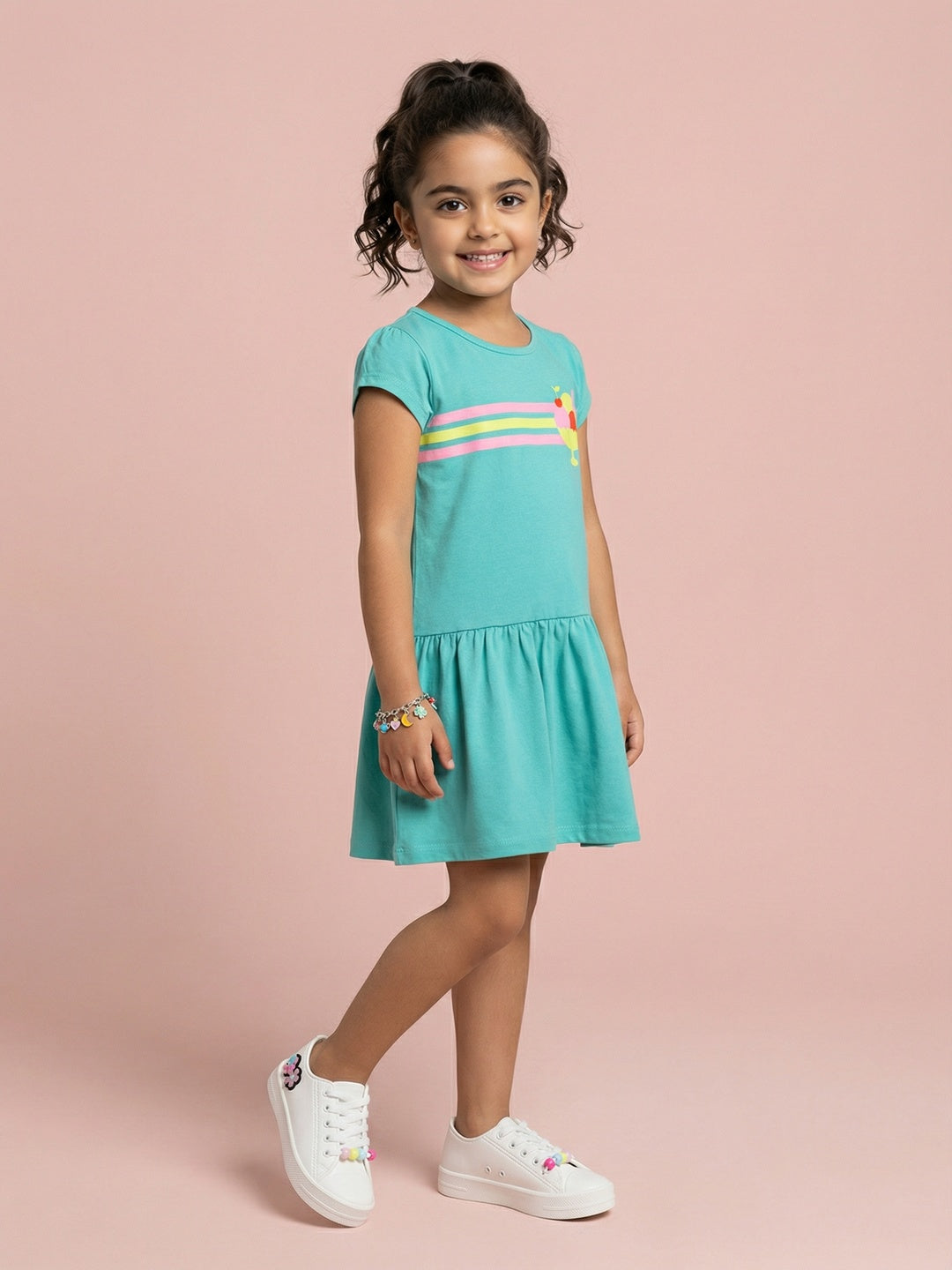 Nautinati Girls' 100% Cotton Pack of 2 A-line Drop Waist Dresses with Dessert theme Striped Graphic & All-over Print
