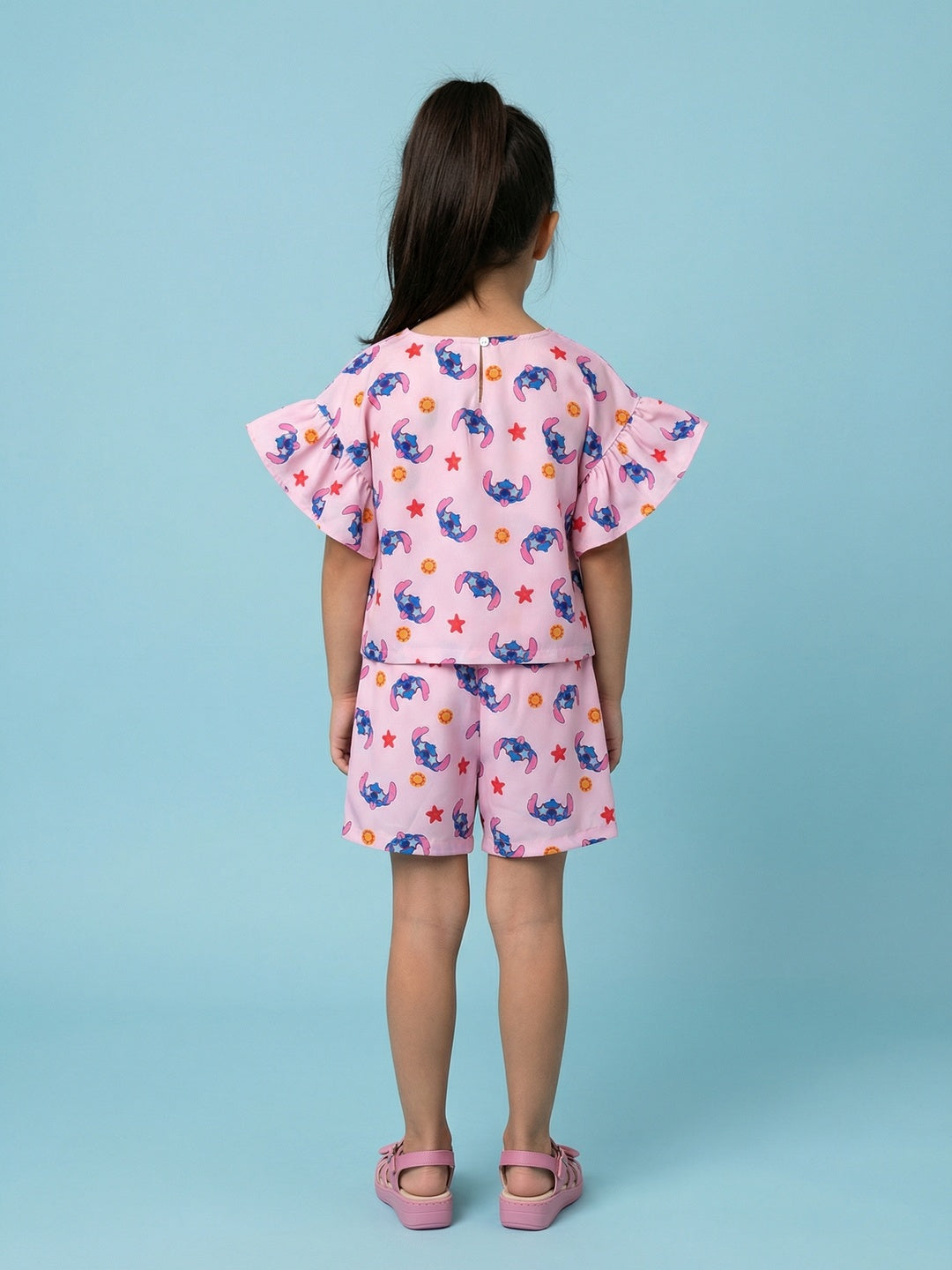 Nautinati Girls Lilo & Stitch Printed Regular Fit Round Neck T-shirt and Shorts Co-ord Set