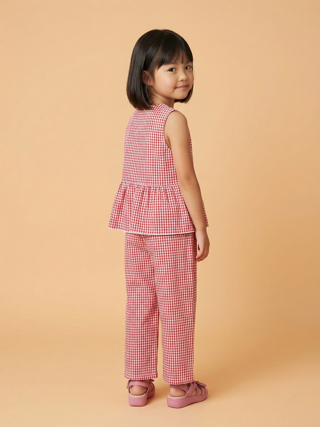 Nautinati Girls' Cotton Chequered Christmas Top and Trousers Co-ord Set