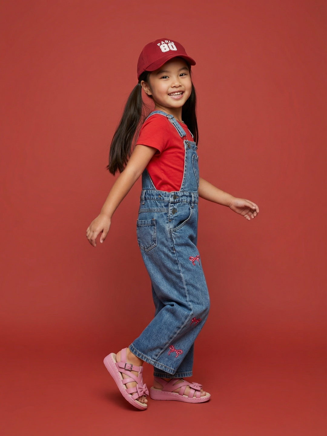 Nautinati Girls Bow Printed Regular Fit Denim Dungaree Set