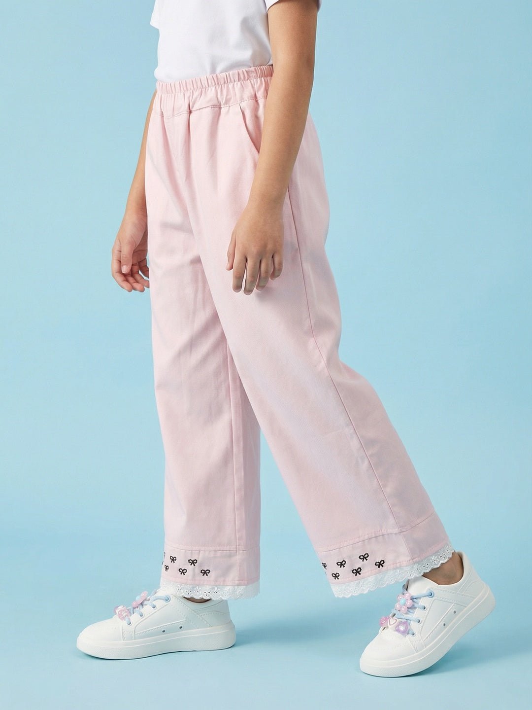 Nautinati Girls' 100% Cotton Straight Fit Twill Woven Trousers with Embroidery & Schiffli Hem