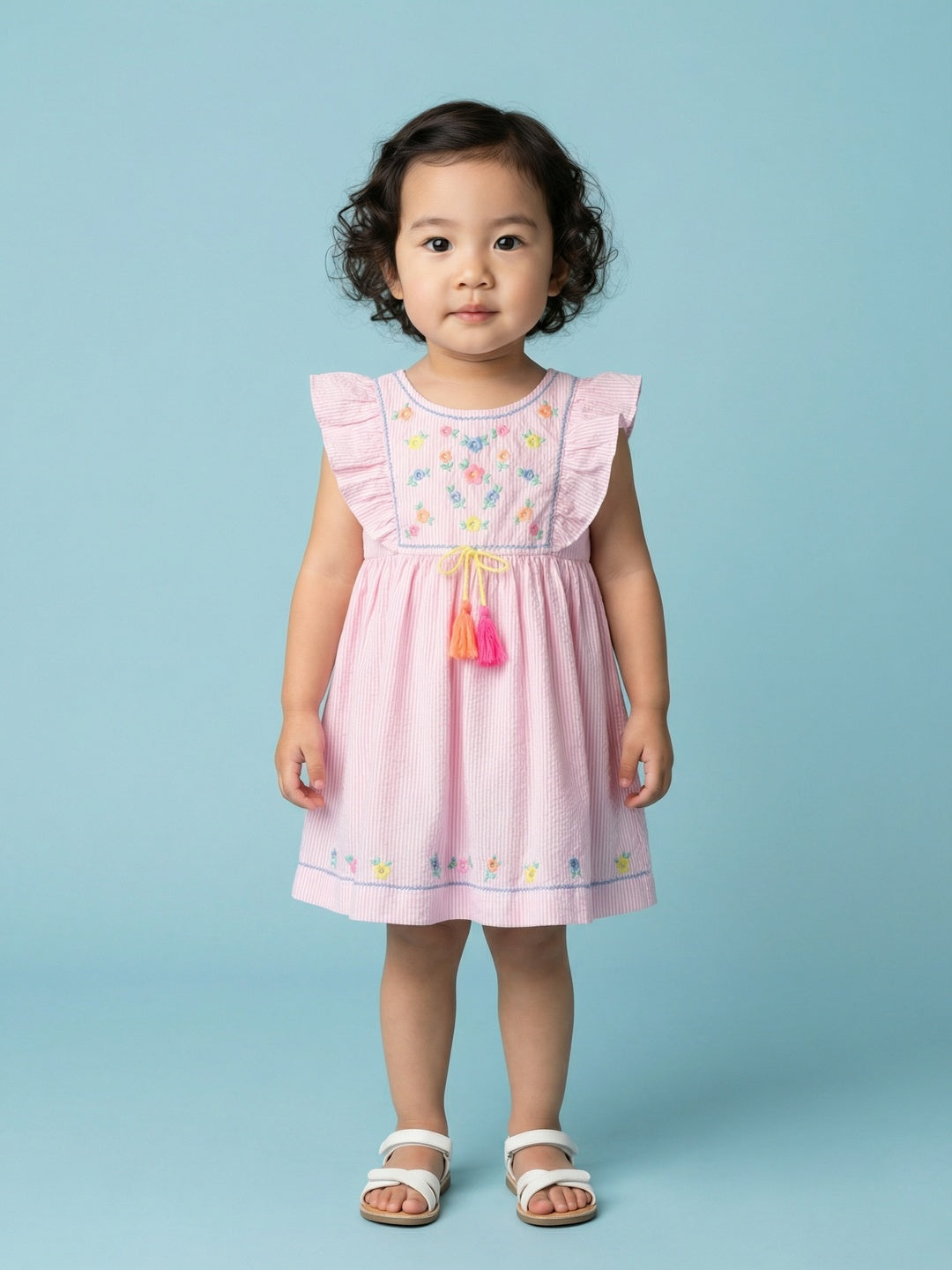 Nautinati Girls' 100% Cotton All-over Striped & Floral Embroidered Ruffled Fit and Flare Dress with Tassels