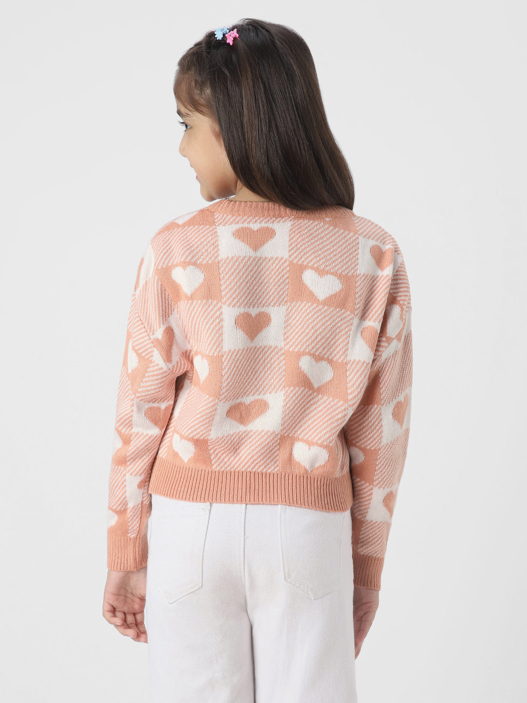 Girls Pink Self Design Acrylic Pullover Sweater