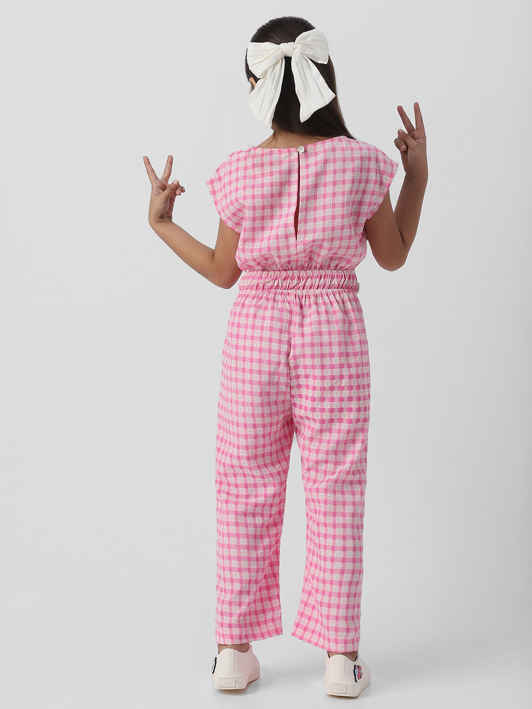 Nautinati Girls Cotton Textured Fabric Gingham Checked Jumpsuit with Bow Detail