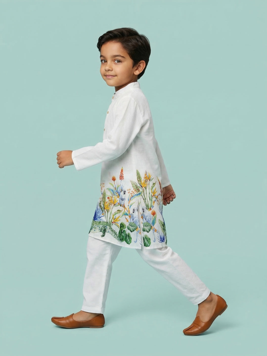Nautinati Boys' 100% Cotton Festive Resort Style Print Kurta & Pyjama Set