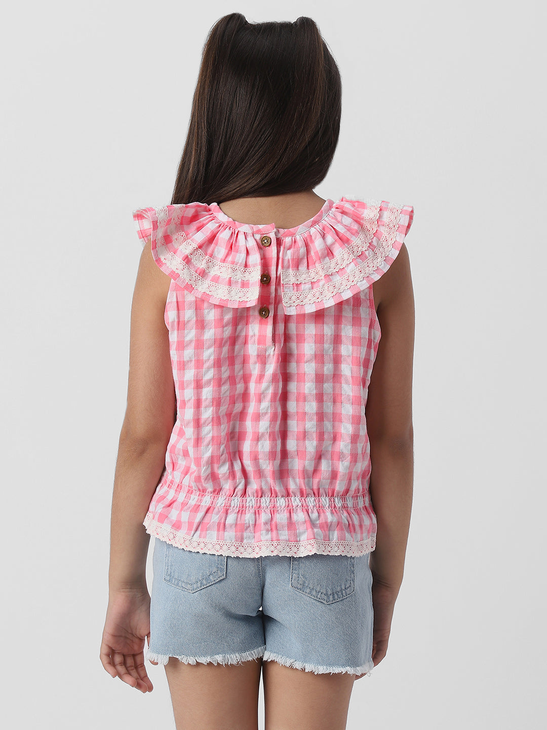 Nautinati Girls Cotton Peterpan Collar Sleeveless Gingham Checks Top