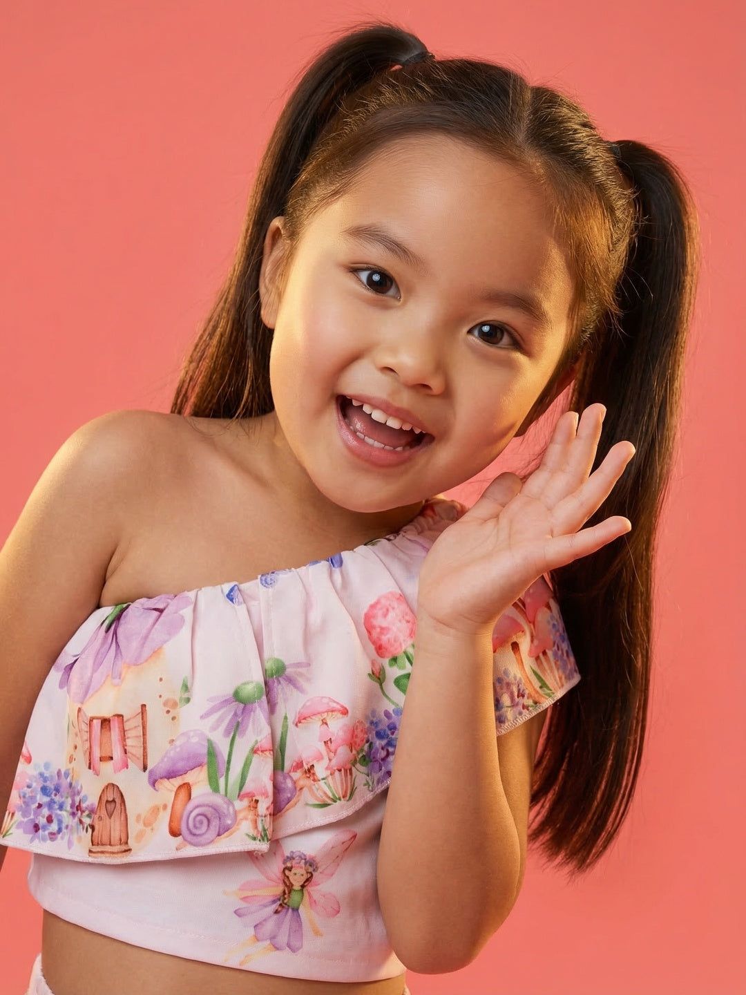 Nautinati Girls Printed Off-shoulder Lilac Crop Top with Wide Legged Pants Co-ord Set